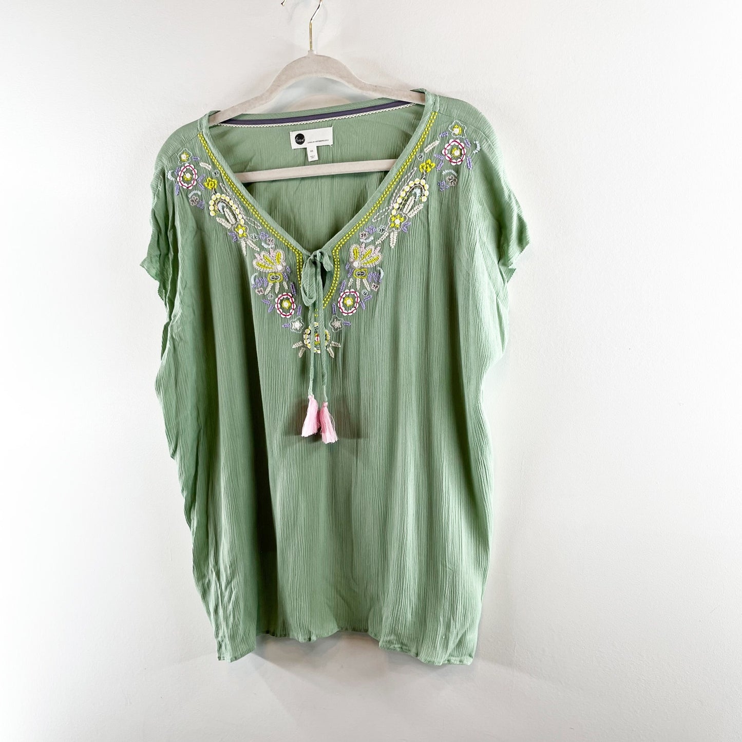 Anthropologie Floreat Persephone Embroidered Short Sleeve Top Green XS