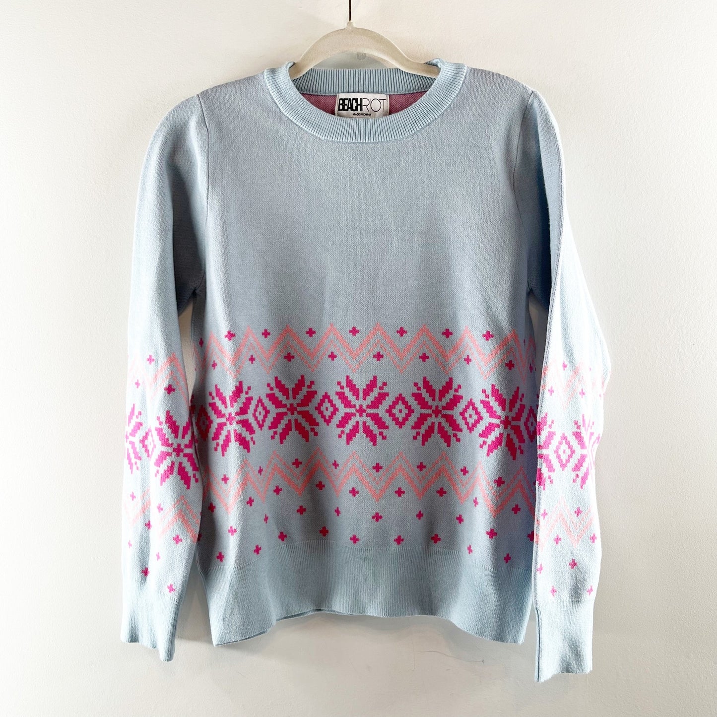 Beach Riot Jolene Fair Isle Snowflake Long Sleeve Sweater Blue Pink Small