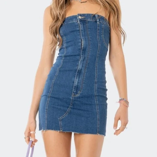 Edikted Strapless Ebony Bodycon Denim Mini Dress Blue Small