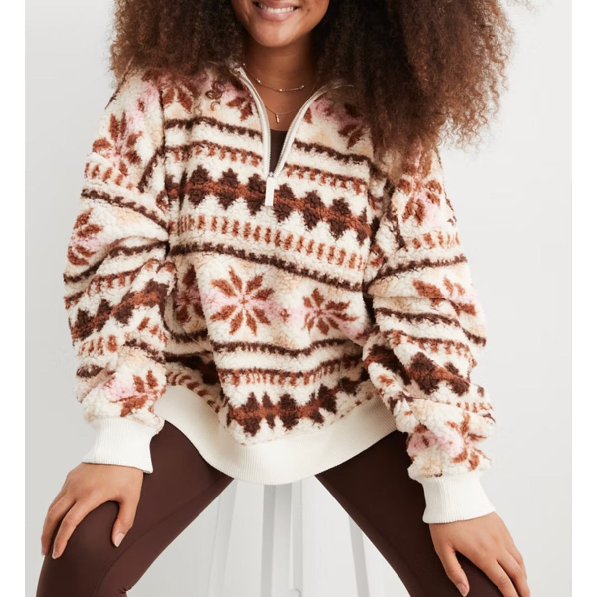 Aerie Hometown Holiday Fair Isle Half Zip Sweatshirt Cream Brown Small