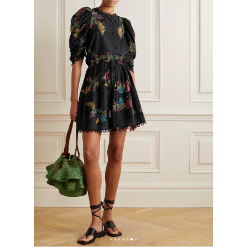 FARM Rio Louise Floral Embroidered Puff Sleeve Cotton A-Line Mini Dress Black XS