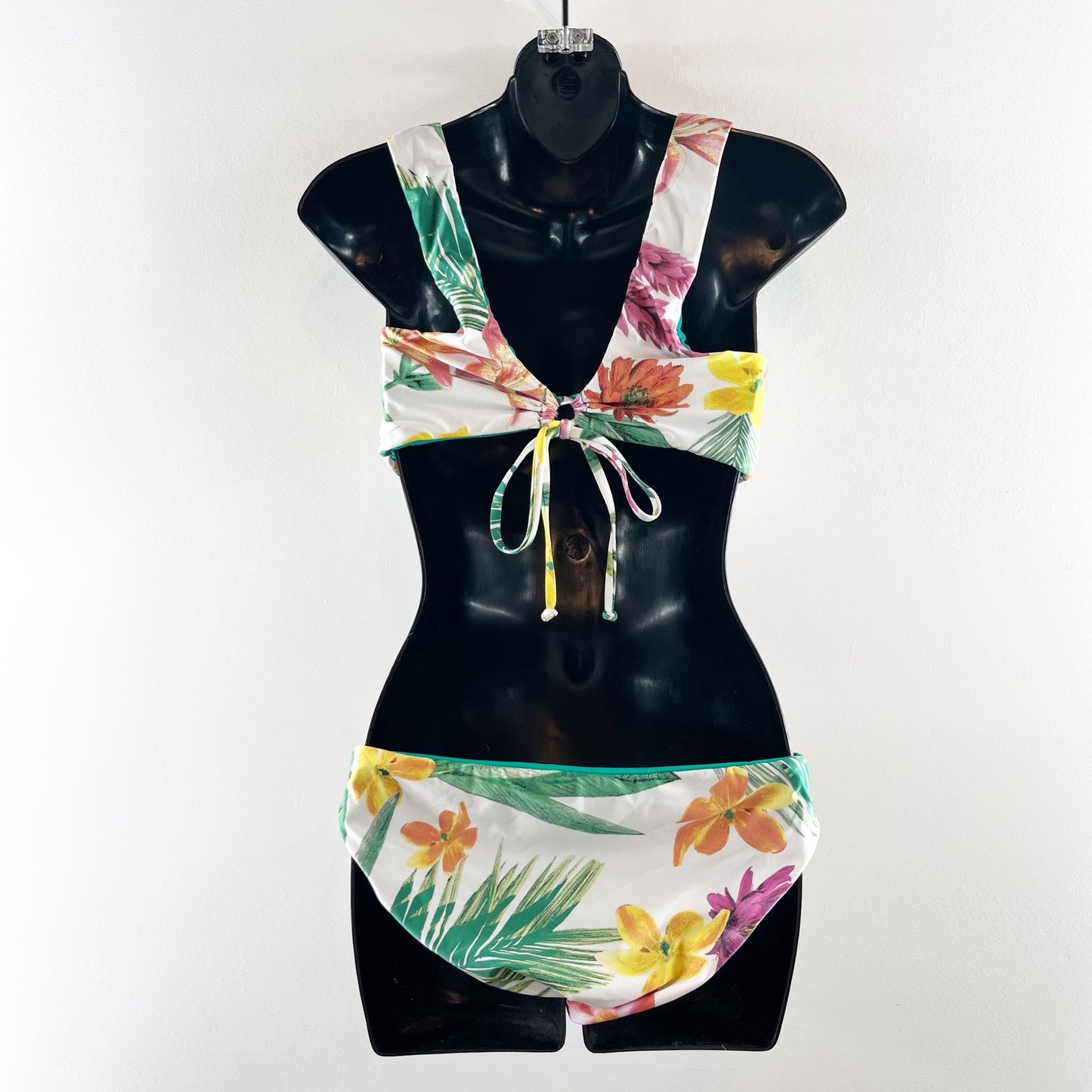 Floral Square Neck Two Piece Bikini Swimsuit White Green Small