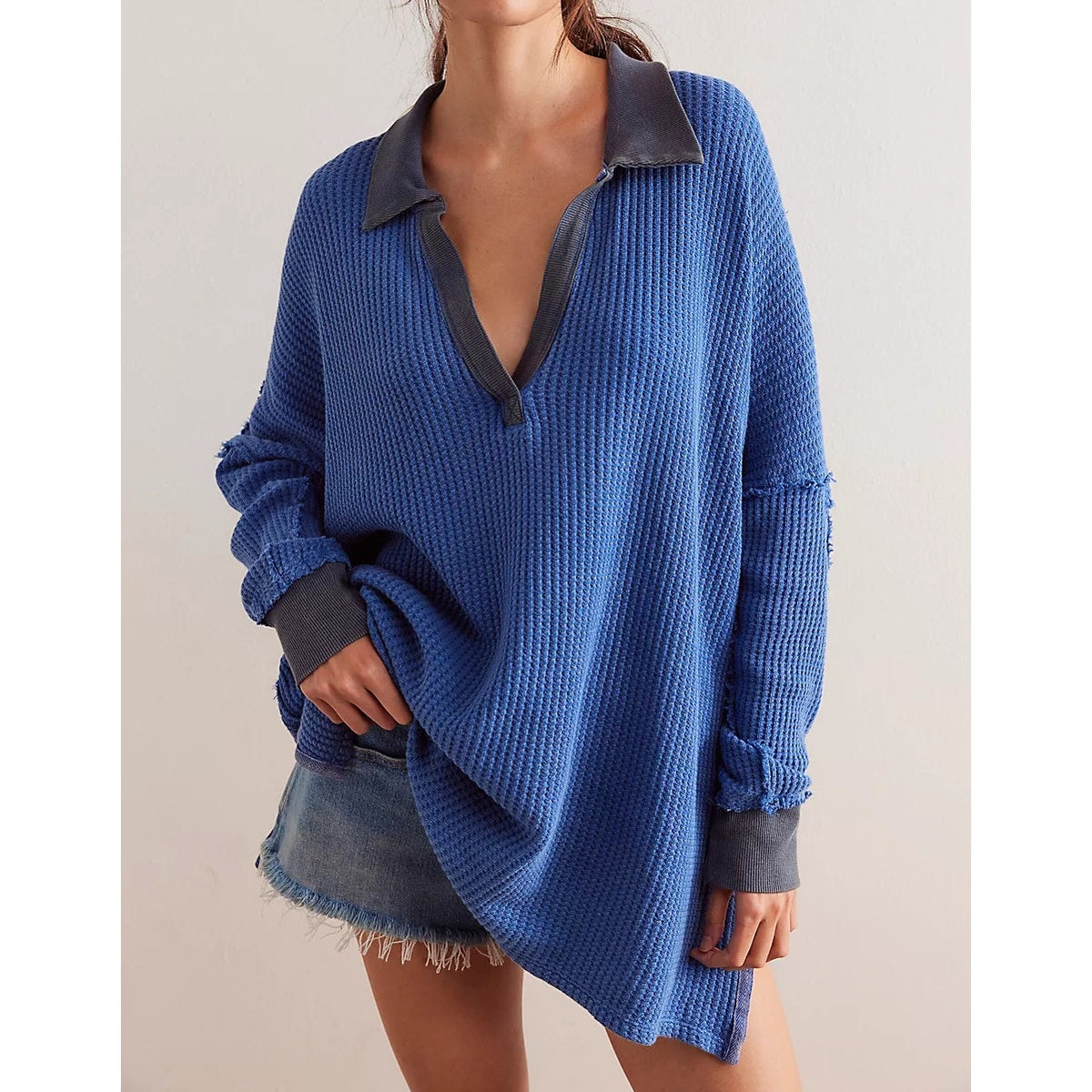 Free People Travis Dropped Shoulder Collared V-Neck Polo Top Dutch Blue Medium