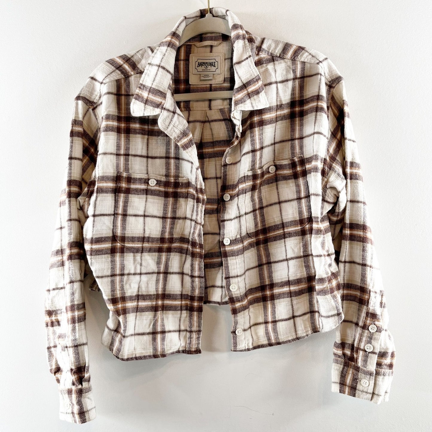 American Eagle Cozy Cabin Cropped Flannel Button-Up Shirt Brown White Medium