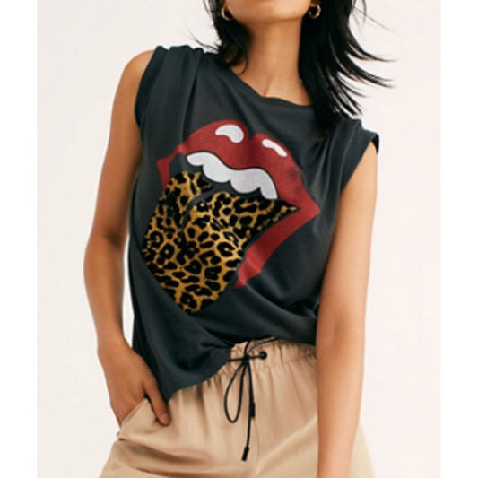 Daydreamer Stones Flocked Leopard Tongue Cutoff Muscle Tank Top Gray Medium