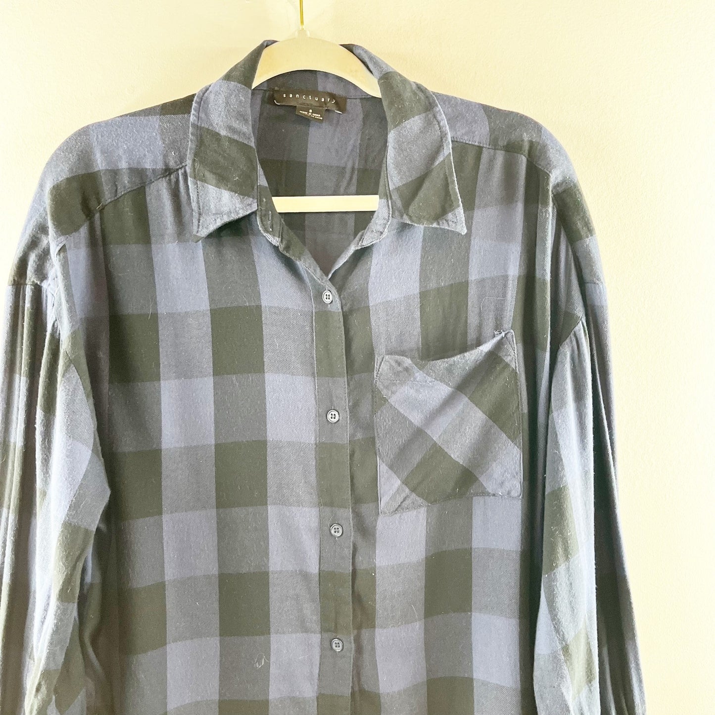 Sanctuary Buffalo Check Dropped Shoulder Tunic Button-Up Shirt Blue Small