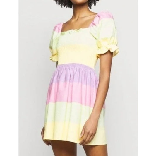 Olivia Rubin Emilie Striped Pastel Puff Sleeve Mini Dress Yellow Pink 2