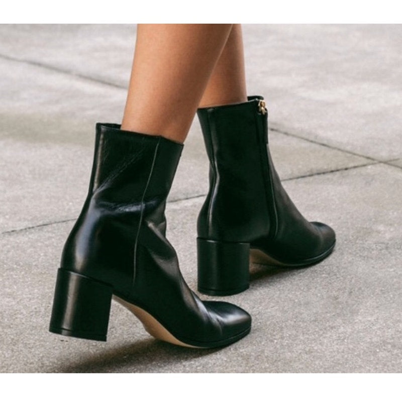 M.Gemi Corsa Leather Side Zip Square Toe Block Heel Ankle Boots Black EU 36 US 6