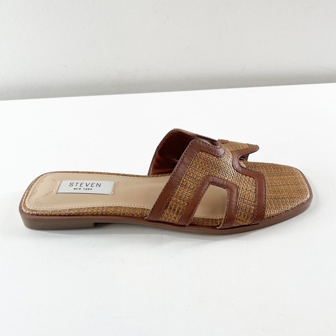 Steven New York Harlien Woven Leather Slide Open Toe Slide Sandals Brown 7.5