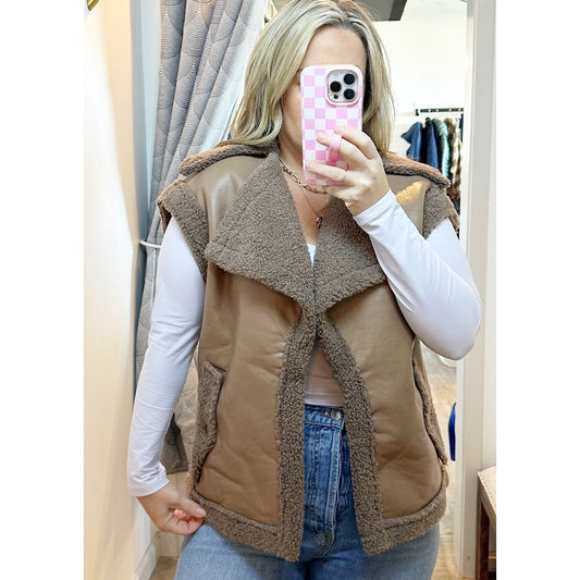 Fashion Nova Sleeveless Open Front Collared Sherpa Vest Jacket Brown Medium