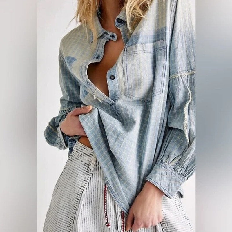 Free People Glacier Bay Denim Check Buttondown Shirt Blue Small