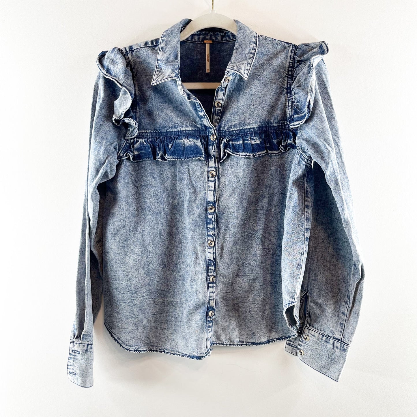 Free People Samantha Long Sleeve Ruffle Button Down Denim Shirt Blue XS