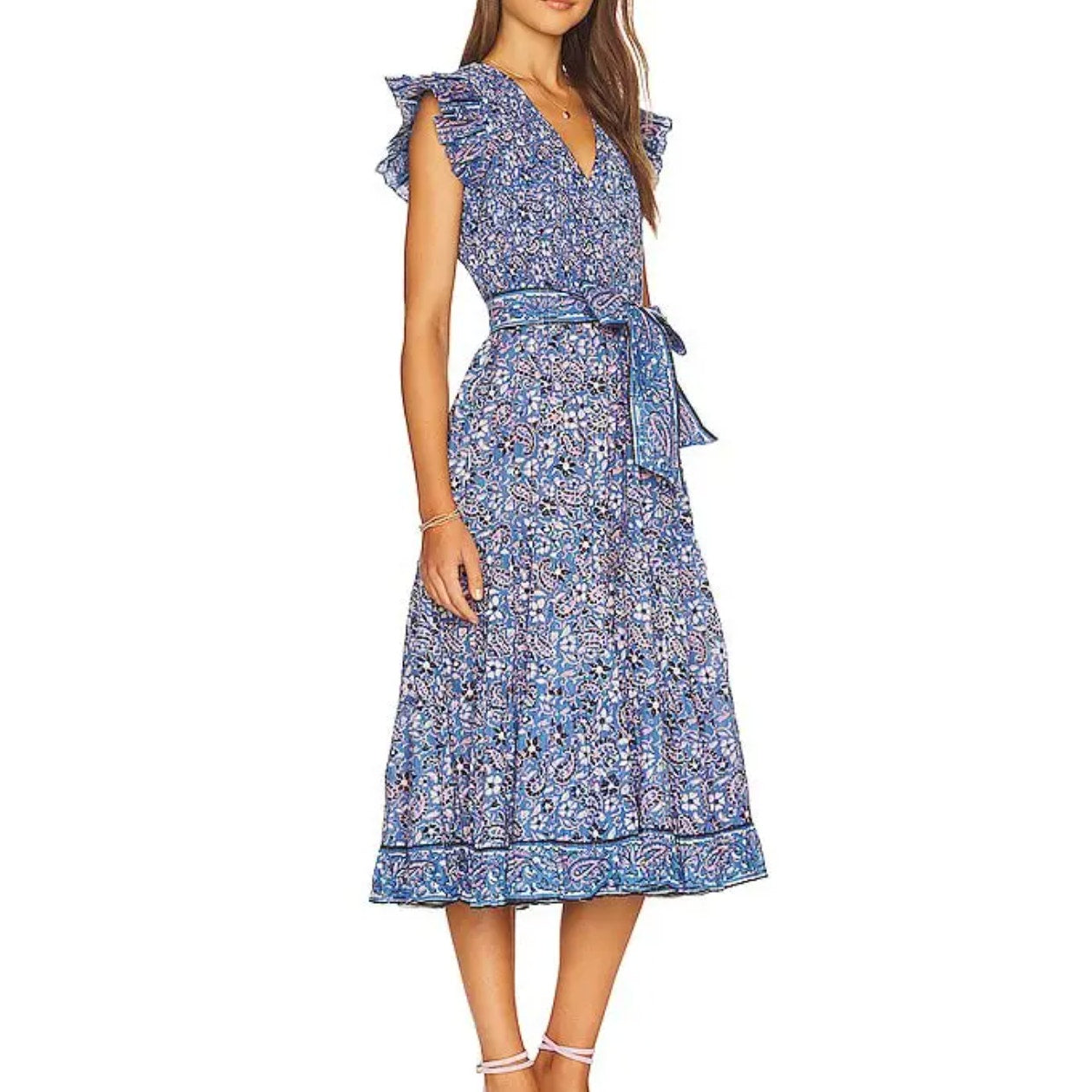 Cleobella Autumn Belted Ruffle Sleeve Midi Dress Paisley Print Blue Medium