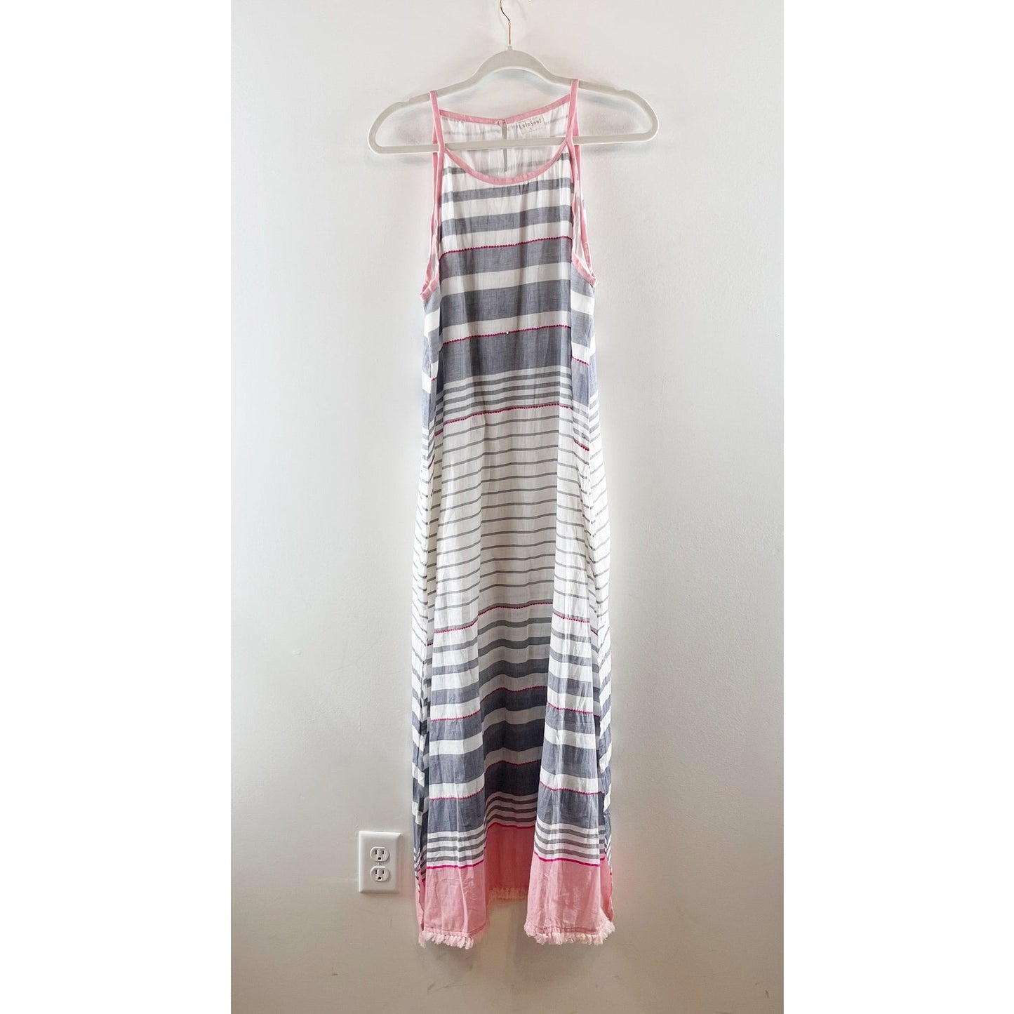 Lula Soul Sleeveless Striped Fringe Hem Cotton Maxi Dress White Blue Pink Large