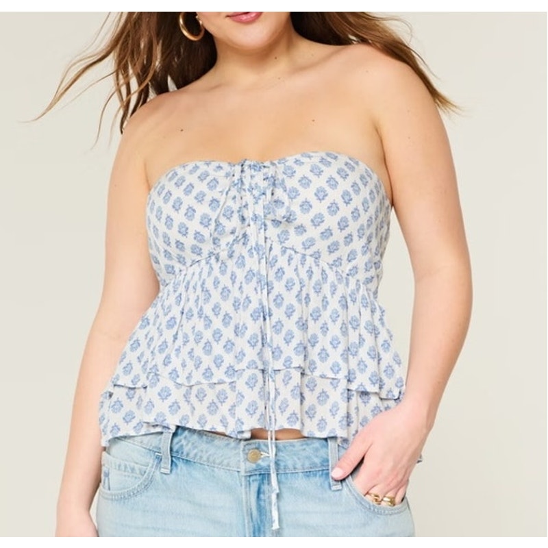 Hollister Tiered Halter Babydoll Tank Top White Blue XL