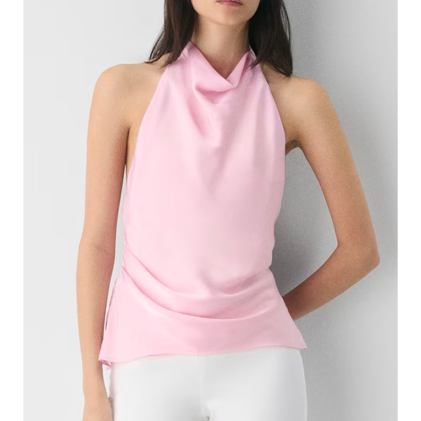 Aritzia Ten Audience High Neck Halter Satin Tank Top Milkshake Pink 4