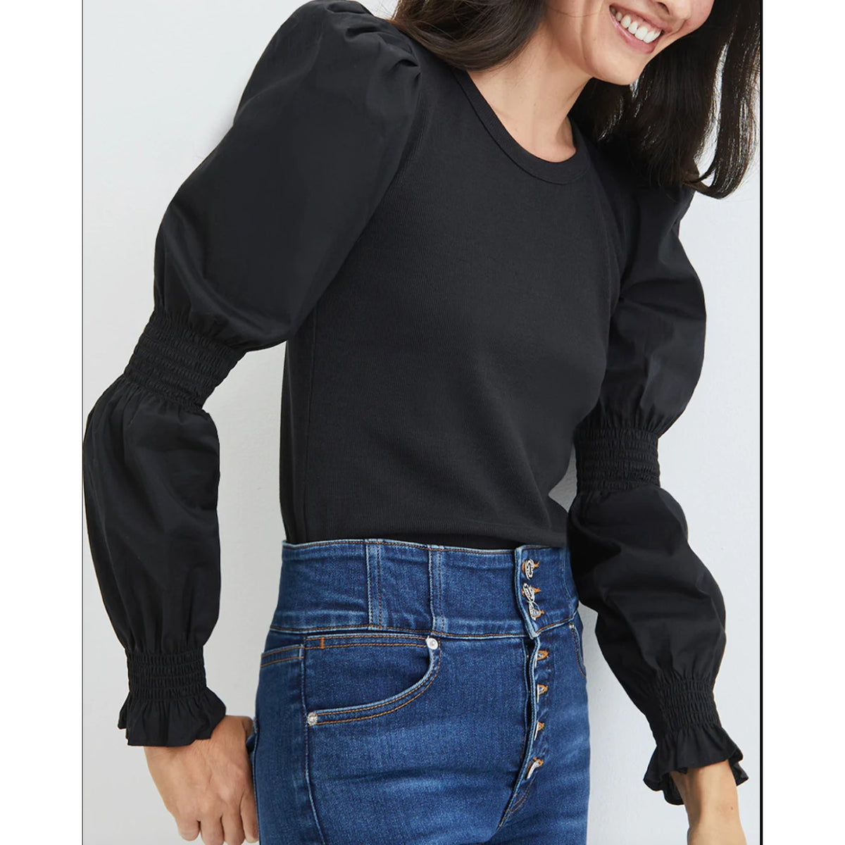 Veronica Beard Fawn V Neck Long Sleeve Puff Sleeve Top Black XS