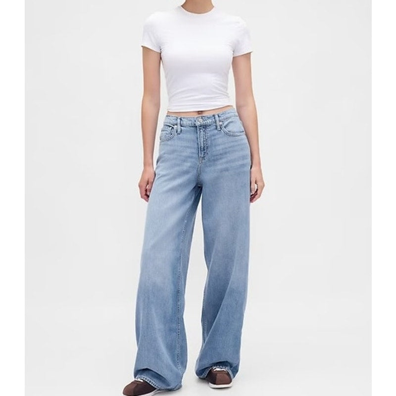 GAP Baggy Mid Rise Wide Leg Jeans Light Indigo Blue 4