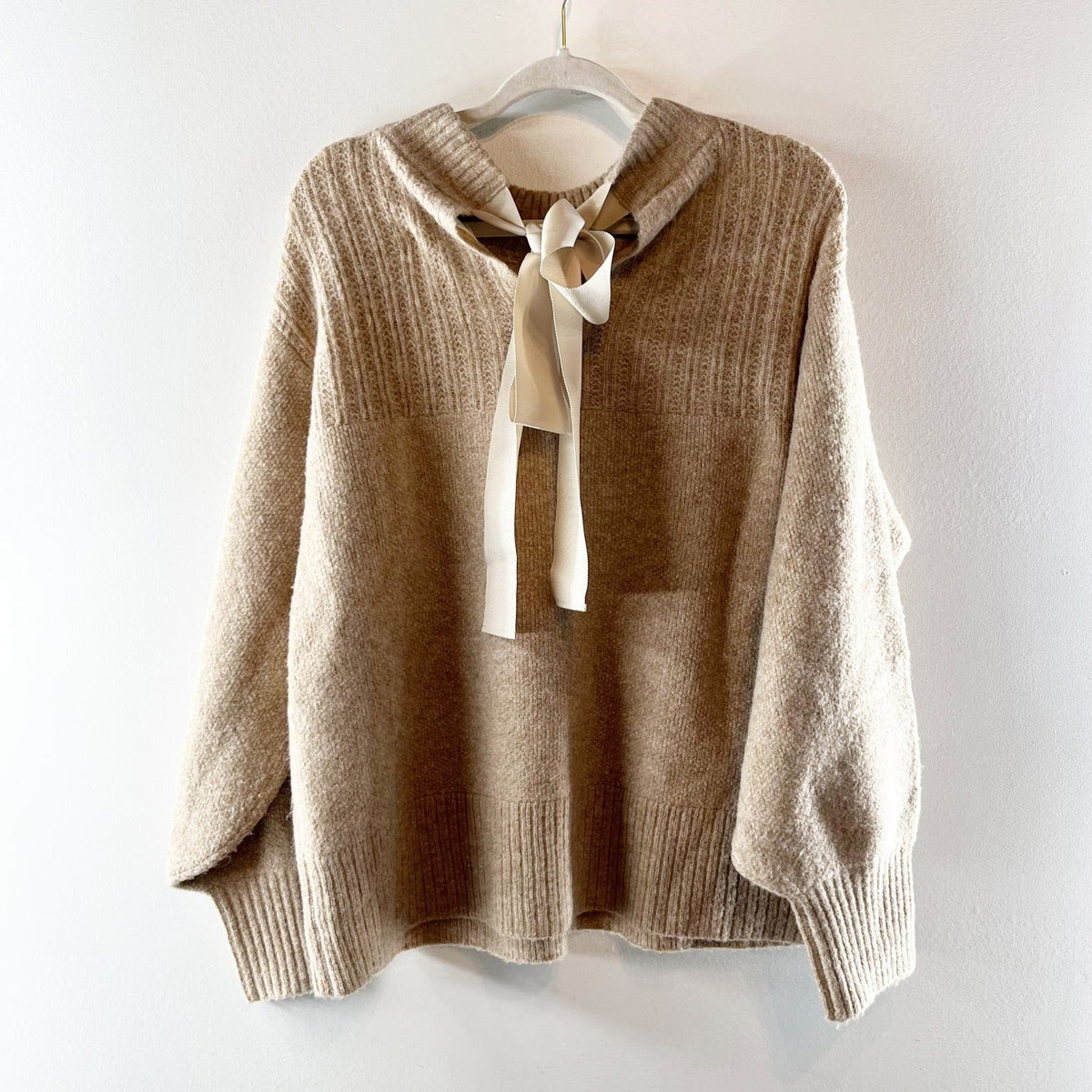 The Good Friends Pointelle Long Sleeve Knit Bow Back Sweater Tan Beige XL