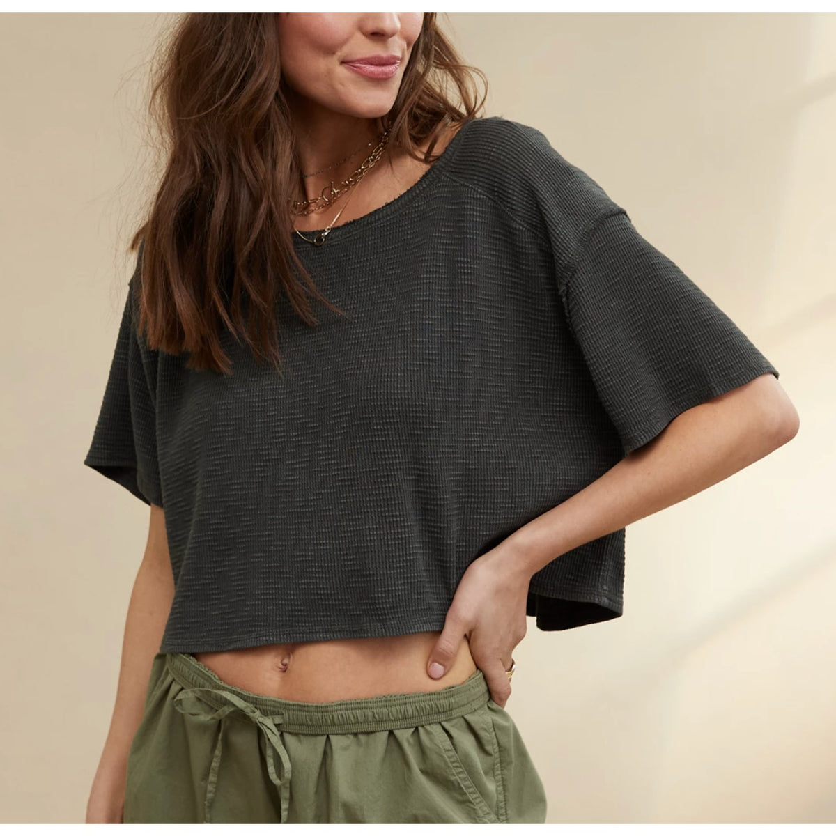 Aerie Cropped Short Sleeve Waffle Thermal Tee Shirt Black Medium