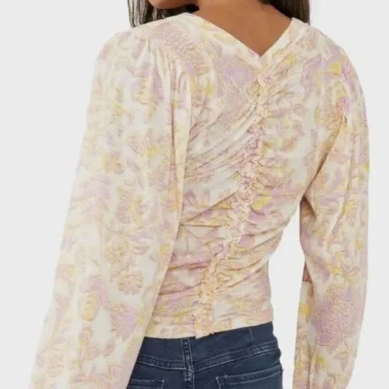 Free People Say The Word Ruched Floral Long Sleeve Top Pink Yellow Small