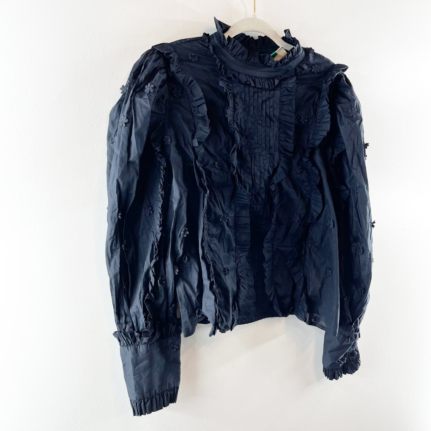 FARM Rio 3D Flower Long Sleeve High Neck Ruffle Blouse Black Large