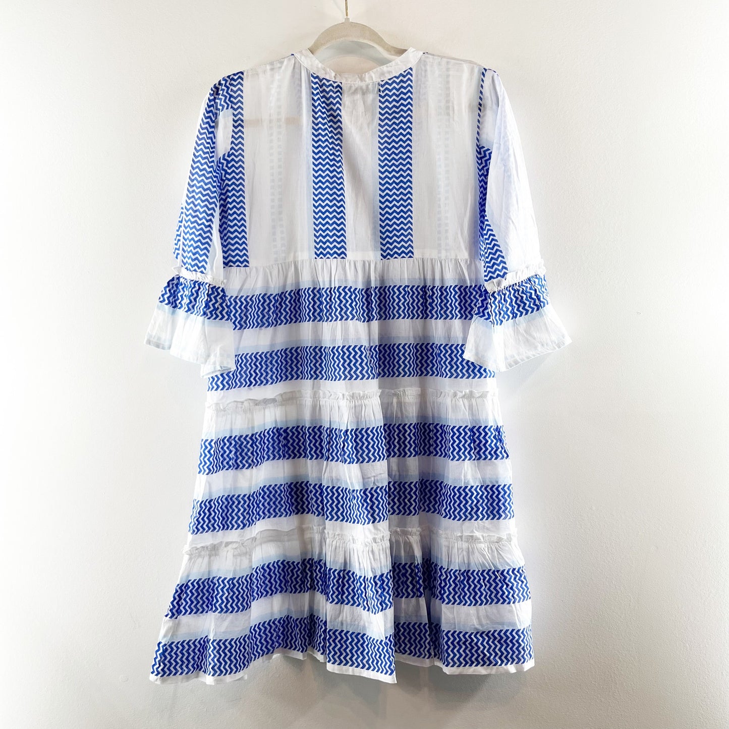 Bindu Elbow Length Sleeve Striped Ruffle Hem Mini Dress White Blue Small