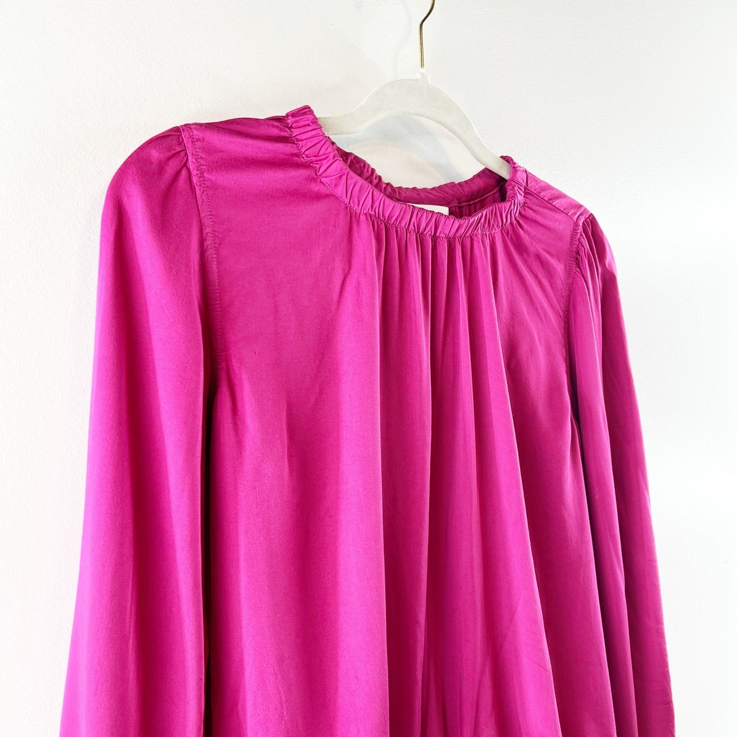 Cloth & Stone Lux Satin Balloon Sleeve Round Neck Banded Blouse Top Pink Small