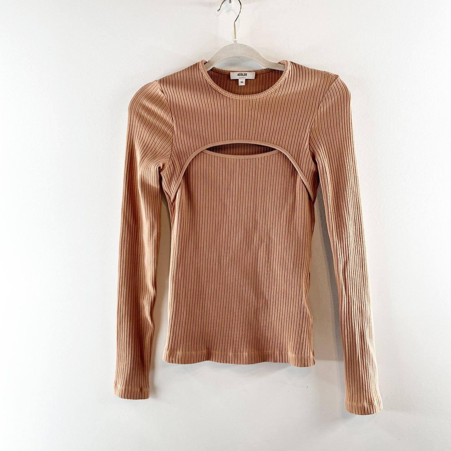 Agolde Lyza Organic Cotton Blend Long Sleeve Fitted Cut Out Ribbed Top Brown XS