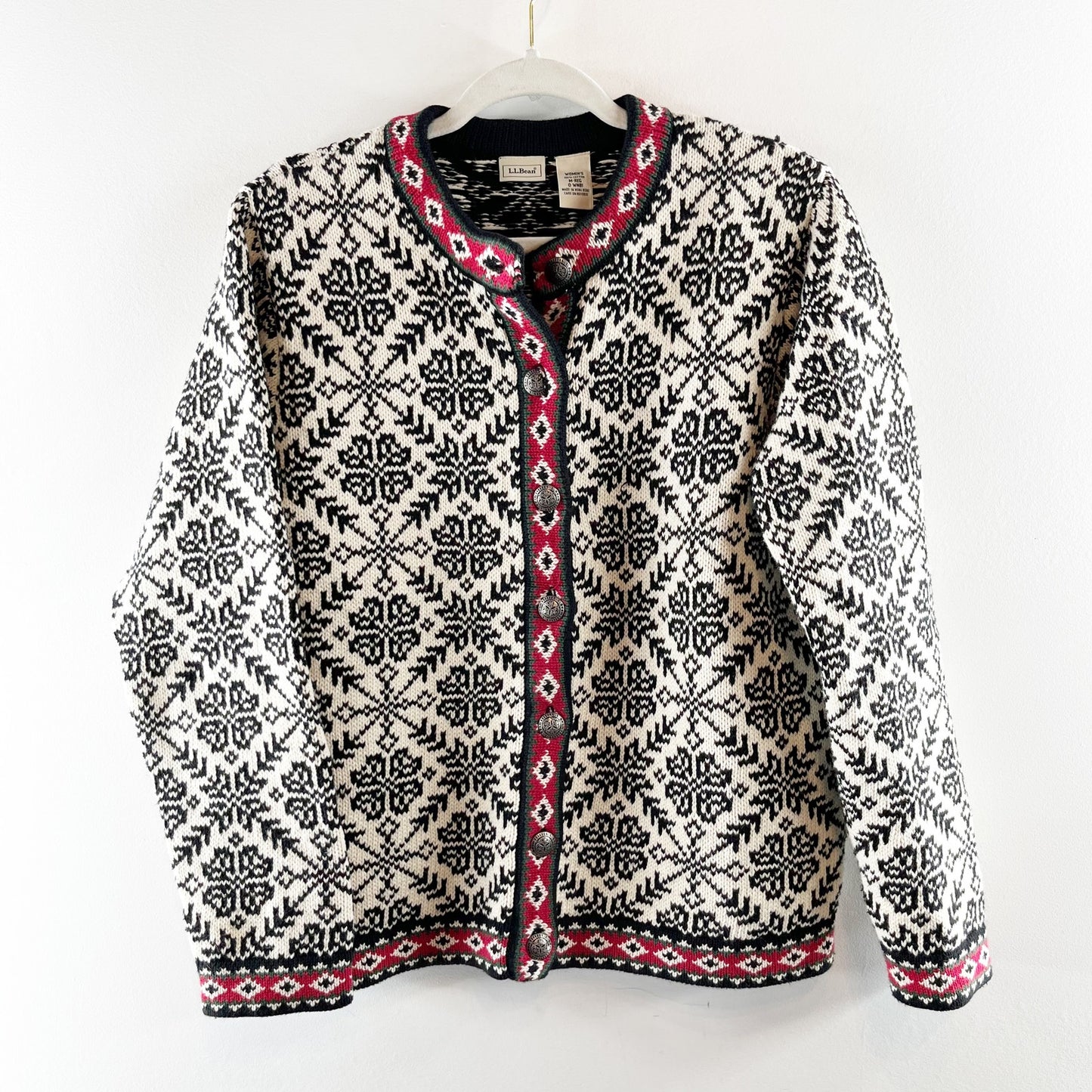 L.L Bean Fair Isle Long Sleeve Button Front Cardigan Sweater White Black Medium