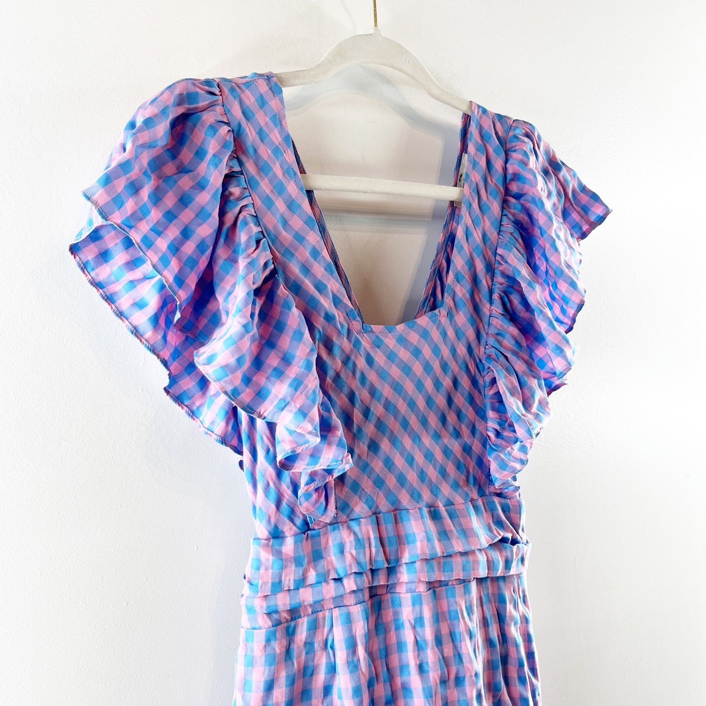 Entro Gingham Print Flutter Sleeve Square Neck Maxi Dress Purple Pink Medium