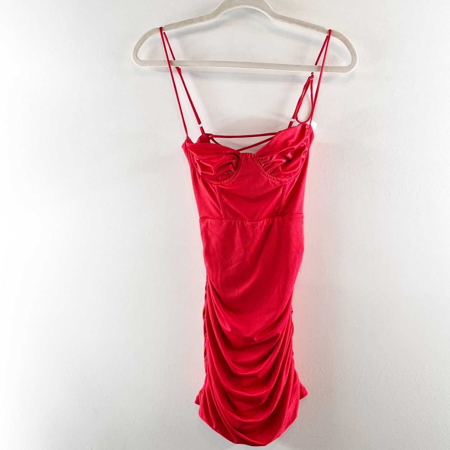 Lucy in The Sky Open Strappy Back Ruched Mini Dress Red XS