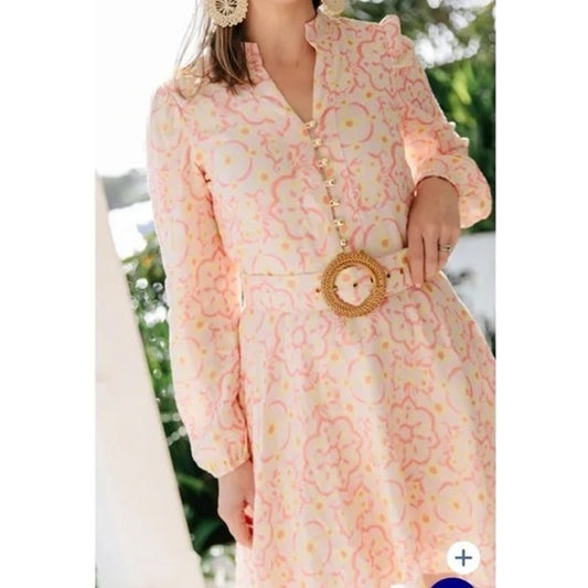 Sail to Sable Long Sleeve Belted Tunic Mini Dress Blush Medallion Print Peach S