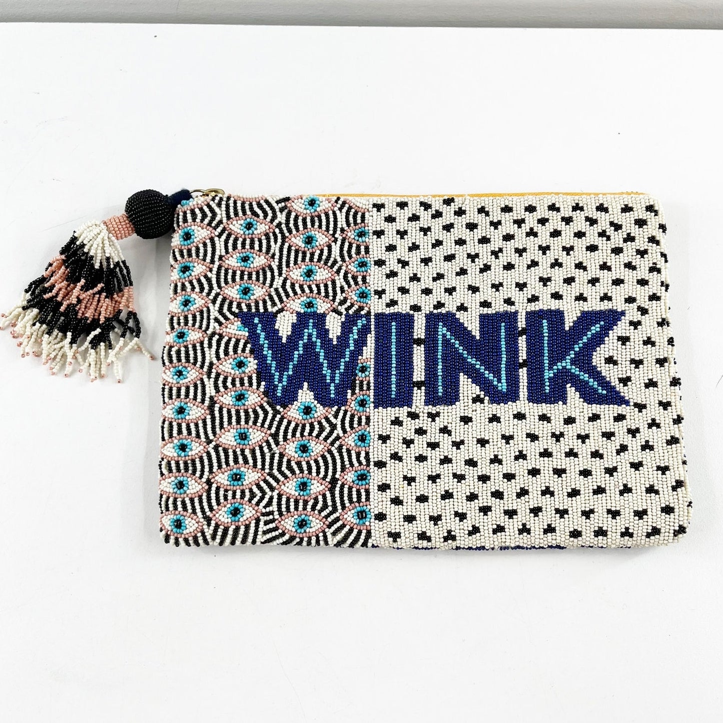 WINK Beaded Pouch Clutch Wallet with Tassel Zip Blue White