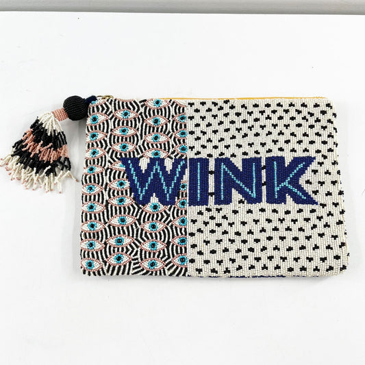 WINK Beaded Pouch Clutch Wallet with Tassel Zip Blue White