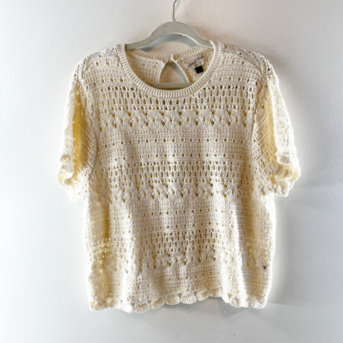 Universal Thread Crewneck Crochet Short Sleeve Sweater Top Cream Large