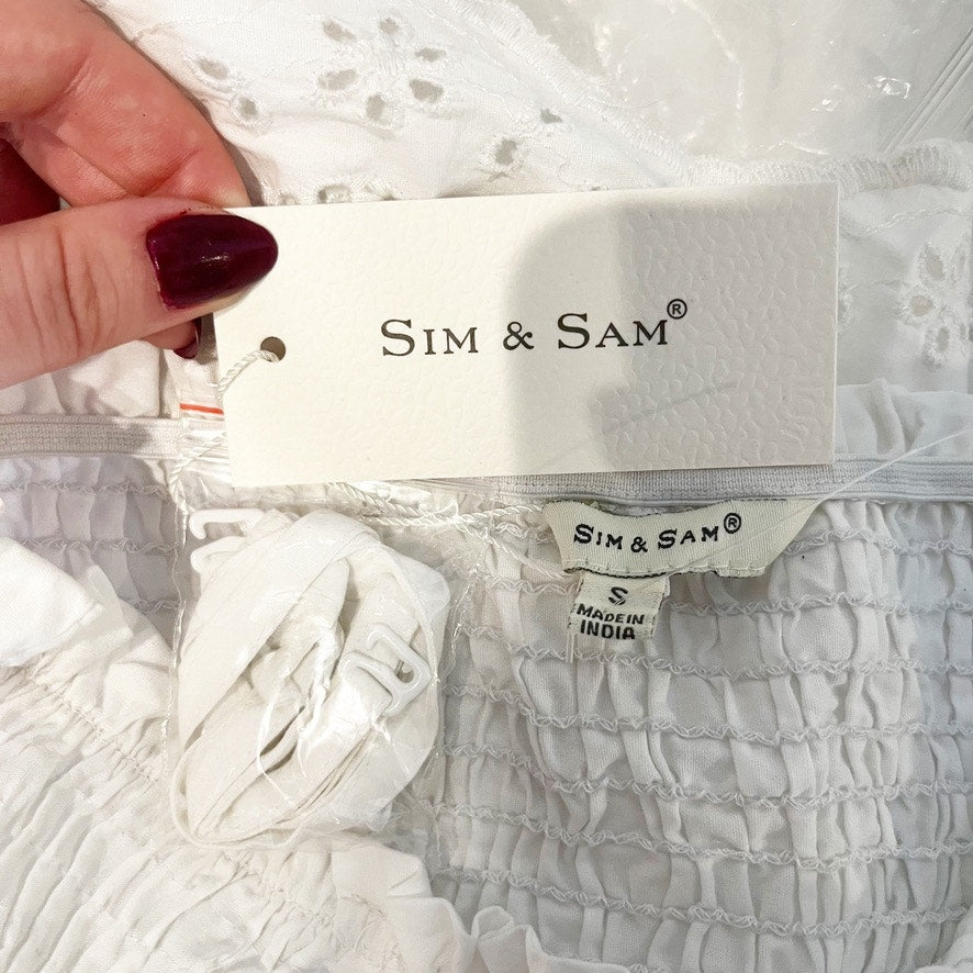 Sim + Sam Smocked Strapless Tube Eyelet Hem Peplum Tank Top White Small
