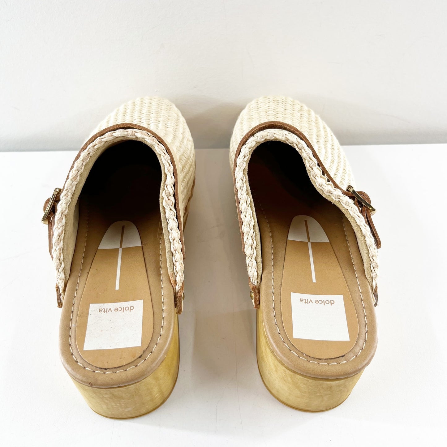 Dolce Vita Carlee Slip On Buckle Strap Closed Toe Raffia Clogs Natural Beige 39