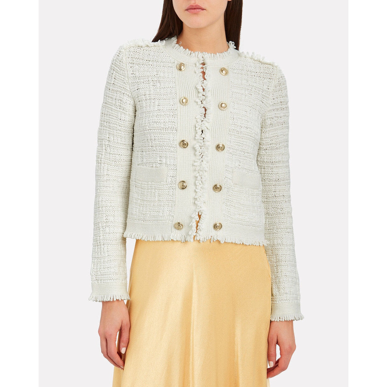 Intermix Lila Long Sleeve Raw Edges Gold Button Cropped Knit Jacket Ivory 4