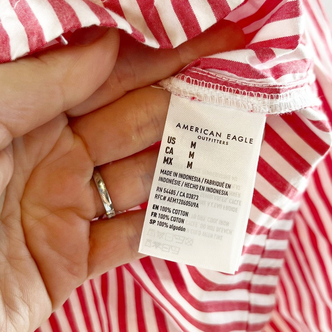 American Eagle Long Sleeve Cropped Button Up Cotton Poplin Top Red White Medium