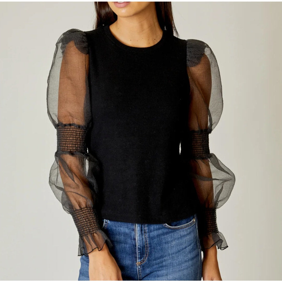 Anthropologie Crewneck Organza Puff Long Sleeve Blouse Top Black Medium