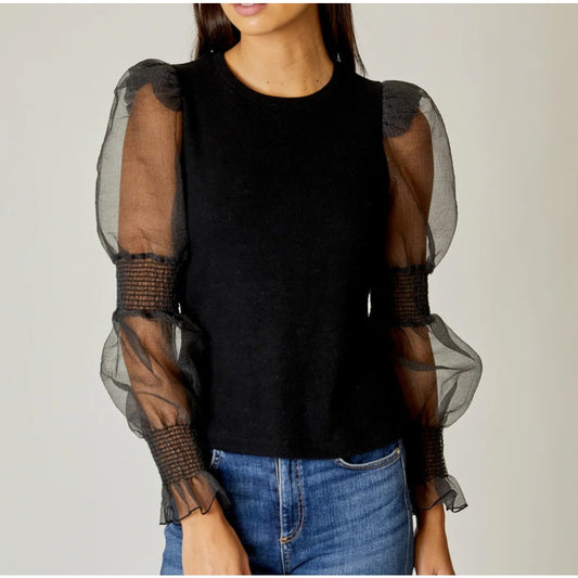 Anthropologie Crewneck Organza Puff Long Sleeve Blouse Top Black Medium