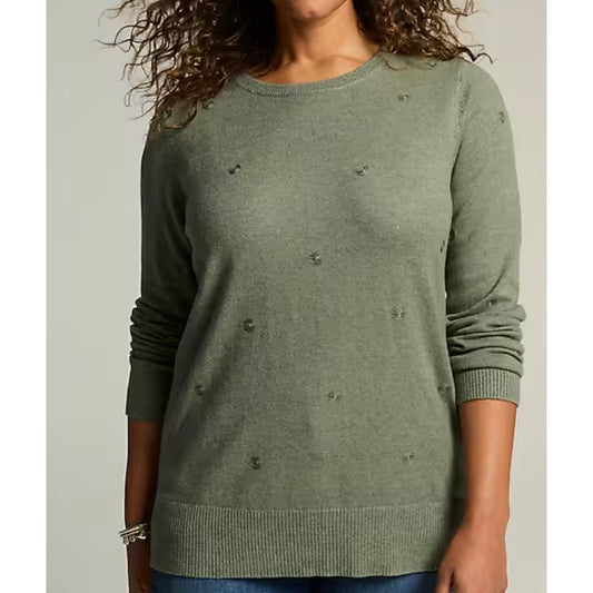 J. Jill Crewneck Dot Embroidered Sweater Seedling Heather Green Small