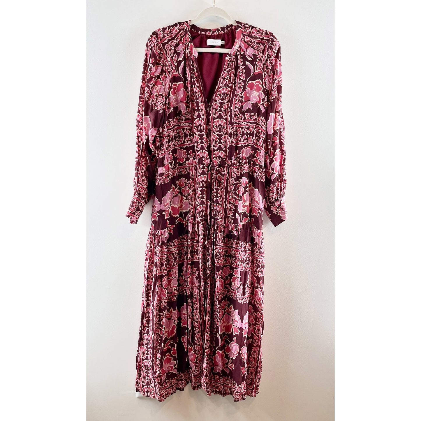 Greylin Petra Scarf Print Button Down Long Sleeve Midi Dress Maroon Purple Large