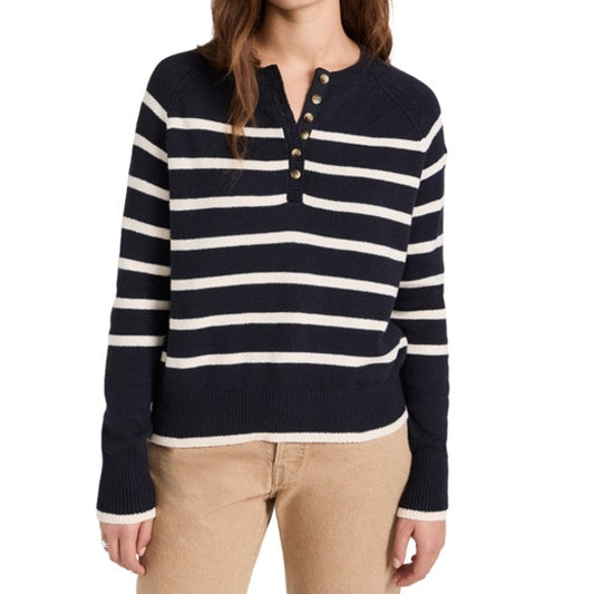 Faherty Cozy Cotton Henley Pullover Sweater Navy Natural Stripe Medium