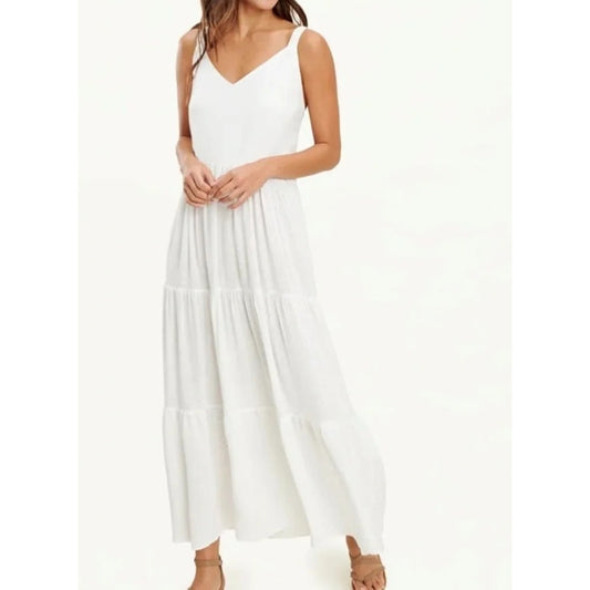 Splendid Wynona Sleeveless V-Neck Tie Waist Tiered Maxi Dress White Small