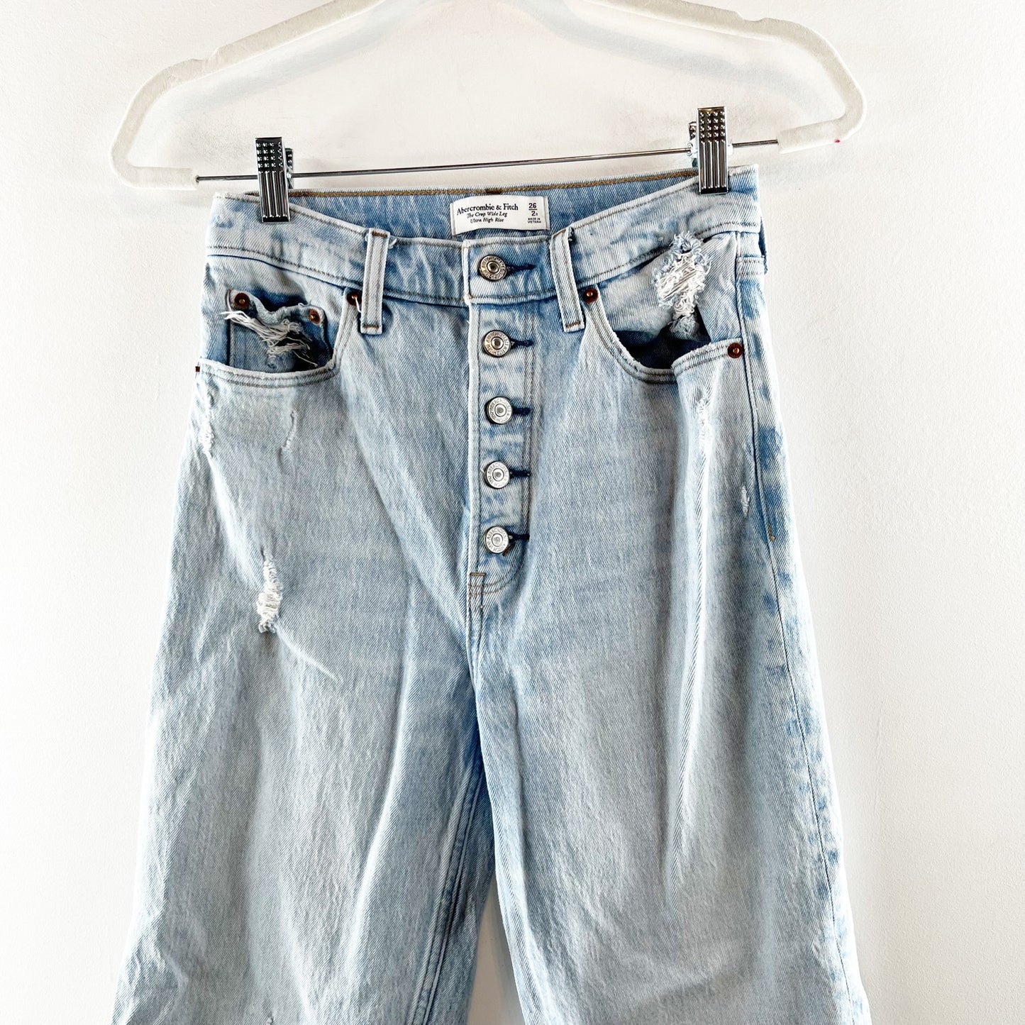 Abercrombie The Crop Wide Leg Ultra High Rise Raw Hem Light Wash Blue Jeans 2