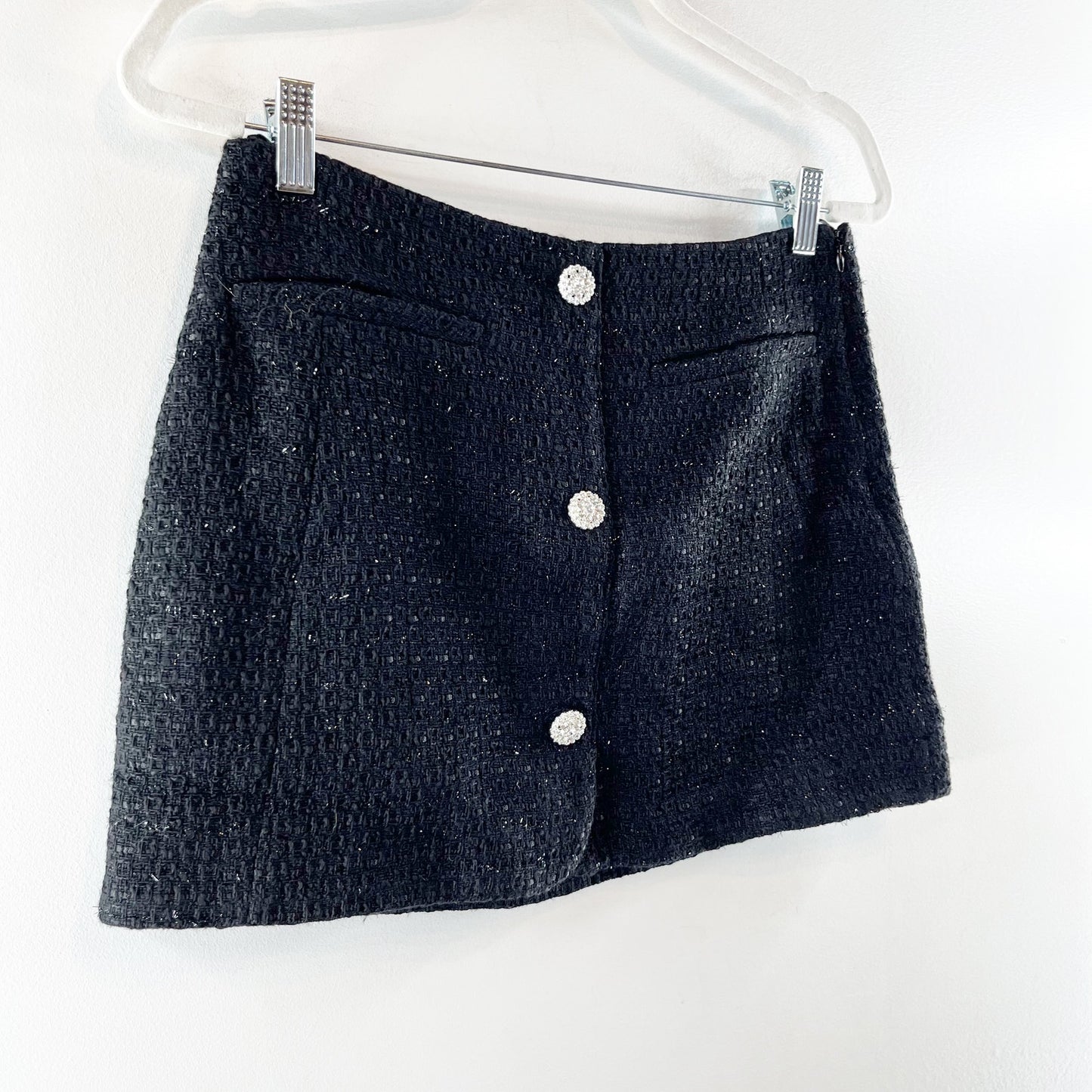 ZARA Tweed Rhinestone Button Up Mini Skirt Black Medium