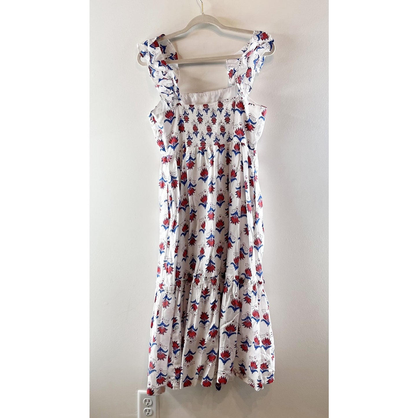 J. Crew Ruffle Strap Floral Print Square Neck Cotton Midi Dress White Red Blue 6