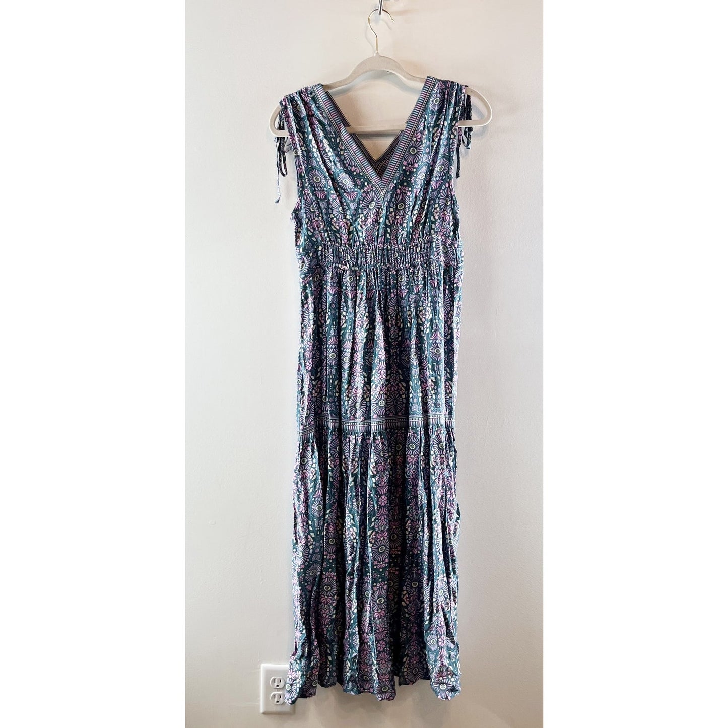 Joie V Neck Printed Tie Shoulder Maxi Dress Green Pink XS